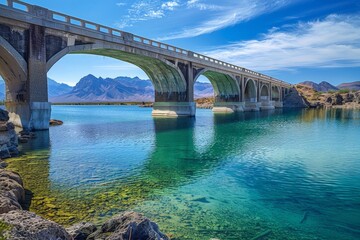 A bridge spans a river with a beautiful blue water