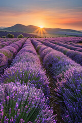 Obraz premium Beautiful lavender farm during sunset