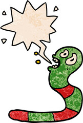 cartoon frightened worm and speech bubble in retro texture style