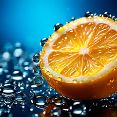 Macro shot of sliced lemons with shiny water drops perfect for cooking promotion