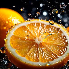 Macro shot of sliced lemons with shiny water drops perfect for cooking promotion