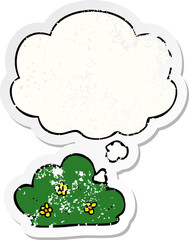 cartoon hedge and thought bubble as a distressed worn sticker
