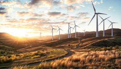 Naklejka premium Wind turbines at sunset