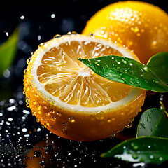 Macro shot of sliced lemons with shiny water drops perfect for cooking promotion