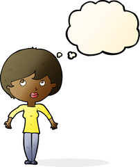 cartoon woman shrugging shoulders with thought bubble