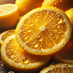 Macro shot of sliced lemons with shiny water drops perfect for cooking promotion