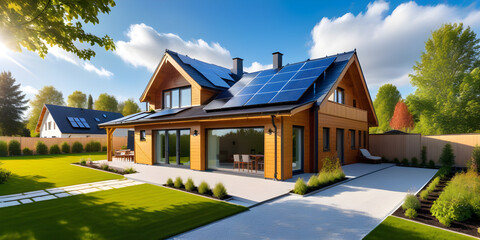 New modern eco friendly passive house with a photovoltaic system on the roof and landscaped yard....