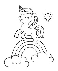Outline illustration for a kids coloring book of a unicorn jumping on a rainbow. Unicorn coloring page vector illustration