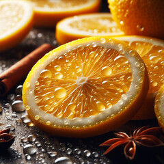 Macro shot of sliced lemons with shiny water drops perfect for cooking promotion