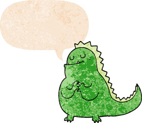 cartoon dinosaur and speech bubble in retro textured style
