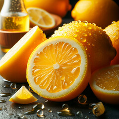 Macro shot of sliced lemons with shiny water drops perfect for cooking promotion