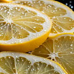 Macro shot of sliced lemons with shiny water drops perfect for cooking promotion