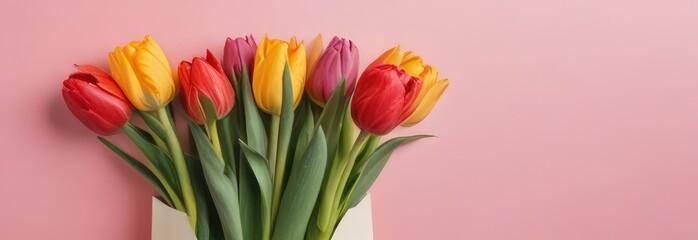 Banner with tulips with free space in pastel colors 