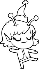 smiling alien girl line drawing of a wearing santa hat