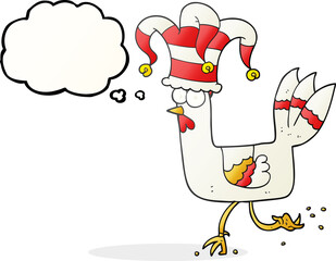 thought bubble cartoon chicken running in funny hat
