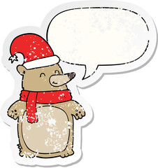 cartoon christmas bear and speech bubble distressed sticker