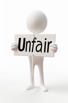 A 3d human figure holding a sign with text Unfair