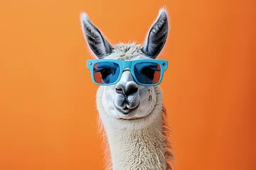 Deurstickers a llama wearing blue sunglasses © White