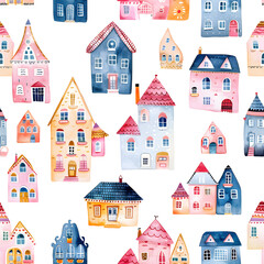 Seamless pattern with watercolor fancy houses