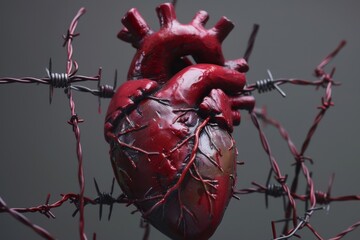 Human Heart Wrapped in Barbed Wire. Conceptual representation of a human heart surrounded by sharp barbed wire