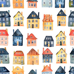 Seamless pattern with watercolor fancy houses