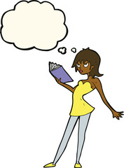 cartoon woman reading book with thought bubble