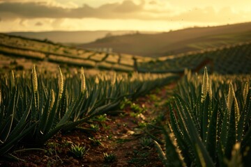 Fototapeta premium Aloe Plantation Landscape. Rows of thriving aloe vera plants growing in a sunlit plantation field.