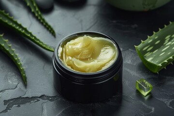 Aloe Vera Cream Jar. Jar of soothing aloe vera cream, a natural skincare product known for its moisturizing properties. - obrazy, fototapety, plakaty