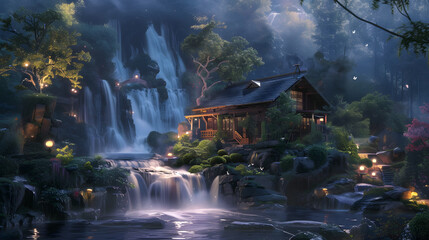 Twilight Cascade: Serene Shot Illuminating Waterfall with Soft, Ambient Light
