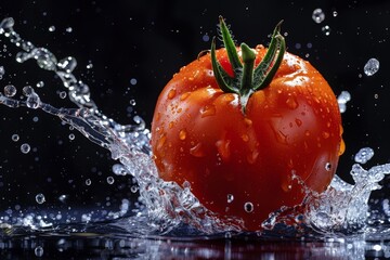 Tomatoes with Water Splash on Black Background. Vibrant tomatoes captured mid-splash against a sleek black backdrop, perfect for culinary and food-themed designs.