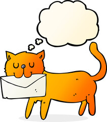 cartoon cat carrying letter with thought bubble