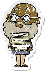 distressed sticker of a cartoon curious man with beard and glasses