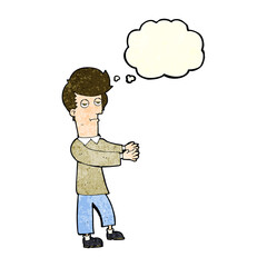Fototapeta premium cartoon bored man showing the way with thought bubble