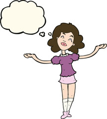 cartoon woman taking praise with thought bubble