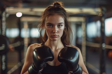 A woman wearing boxing gloves and a ponytail - obrazy, fototapety, plakaty