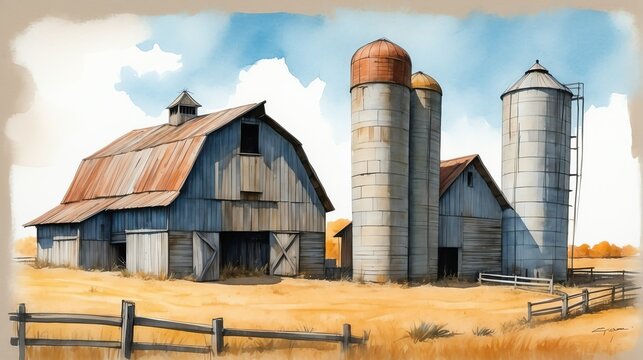 Watercolor architectural illustration of a ranch barn and silo from Generative AI