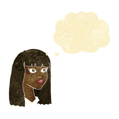 cartoon pretty girl with long hair with thought bubble