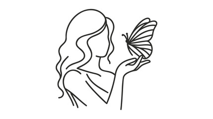 woman holds butterfly near face vector illustration on white background