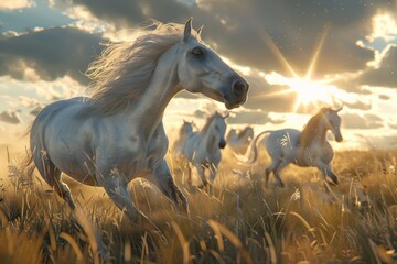 Obraz na płótnie Canvas White Horses Herd in Wild, Running Stallion by Seaside, Beautiful Grey Horse, Sun Rays, Copy Space