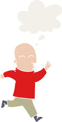 cartoon man running and thought bubble in retro style