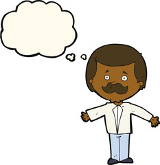 cartoon mustache man with open arms with thought bubble