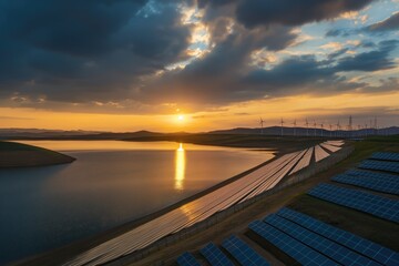 Magazine photo story on renewable energy solutions featuring solar panels wind turbines and hydroelectric power plants captured at sunset for a hopeful vibe