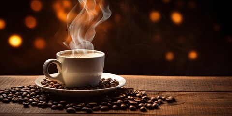 Classic steaming coffee cup surrounded by coffee beans on a rustic wooden table with warm lighting