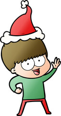 happy gradient cartoon of a boy wearing santa hat