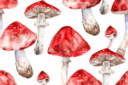 Seamless pattern with watercolor fly agaric mushrooms