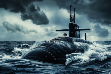 a submarine emerging from the depths symbolizing stealth and technological advancement in naval warfare mysterious and formidable - obrazy, fototapety, plakaty