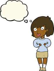 cartoon woman making Who Me? gesture with thought bubble