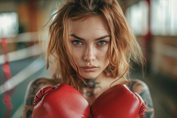 A woman with tattoos on her arm and face is wearing boxing gloves - Powered by Adobe