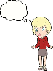 cartoon woman shrugging shoulders with thought bubble