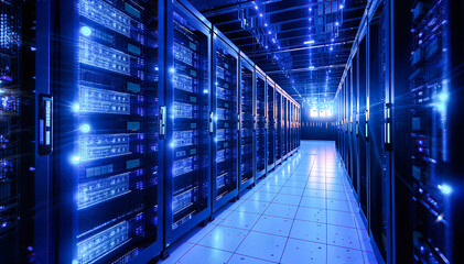 server room data center with rows of server racks. - obrazy, fototapety, plakaty